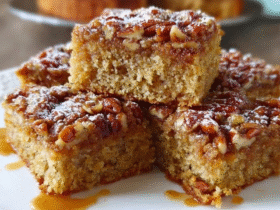 Pecan pie bars cut into squares on parchment paper, dark amber sticky pecan topping covering shortbread base, whole pecan halves arranged on top, glossy caramelized surface, square portion bites visible