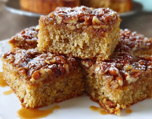 Pecan pie bars cut into squares on parchment paper, dark amber sticky pecan topping covering shortbread base, whole pecan halves arranged on top, glossy caramelized surface, square portion bites visible