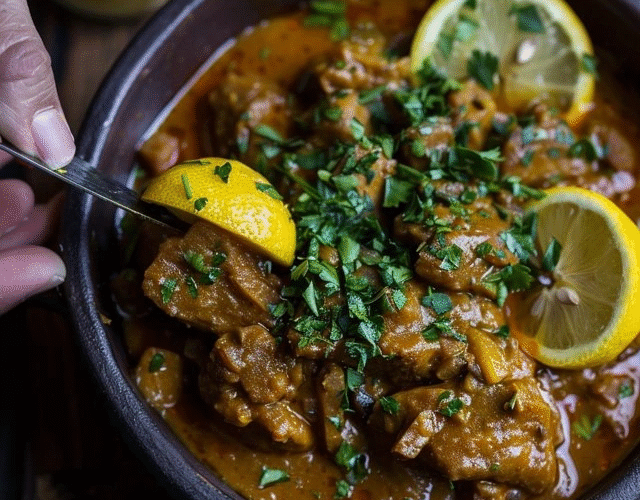 Chicken curry with lemon in a Dutch oven, golden yellow coconut curry sauce coating tender chicken pieces, bright lemon slices floating on top, fresh cilantro garnish, steamed basmati rice on the side, lime wedges