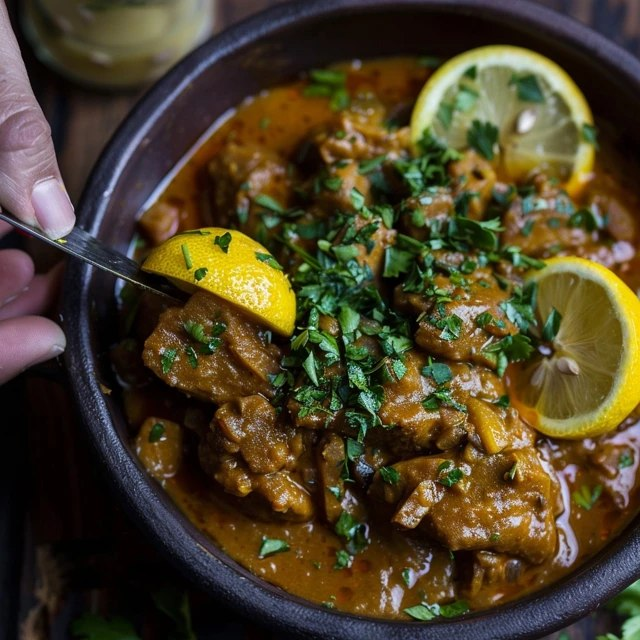 Chicken curry with lemon in a Dutch oven, golden yellow coconut curry sauce coating tender chicken pieces, bright lemon slices floating on top, fresh cilantro garnish, steamed basmati rice on the side, lime wedges