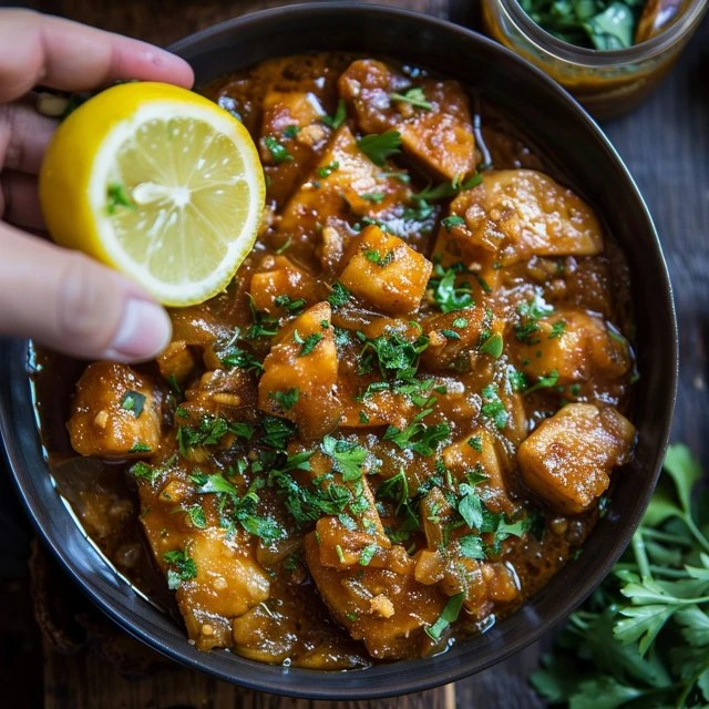 Close-up of chicken curry showing creamy yellow sauce with visible turmeric and spice flecks, tender chicken chunks, lemon zest, fresh cilantro leaves, jasmine rice texture