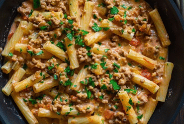Creamy pasta with ground meat in a white bowl, penne pasta coated in pink tomato-cream sauce, browned ground beef visible throughout, melted parmesan strands, fresh basil leaves garnish, parmesan grated on top