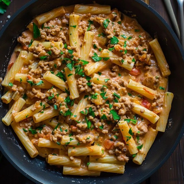 Creamy pasta with ground meat in a white bowl, penne pasta coated in pink tomato-cream sauce, browned ground beef visible throughout, melted parmesan strands, fresh basil leaves garnish, parmesan grated on top