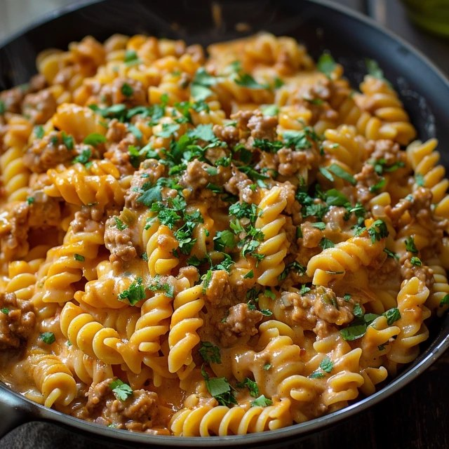Close-up of creamy pasta showing pink rosa sauce clinging to penne tubes, savory browned ground beef chunks, melted cheese pull, fresh basil chiffonade, light steam rising