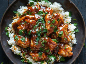 Honey garlic chicken rice bowl in a wooden bowl, sticky golden-brown glazed chicken cubes over fluffy white jasmine rice, sliced cucumber, avocado fans, shredded carrots, sesame seeds, sliced scallions
