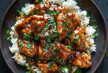 Honey garlic chicken rice bowl in a wooden bowl, sticky golden-brown glazed chicken cubes over fluffy white jasmine rice, sliced cucumber, avocado fans, shredded carrots, sesame seeds, sliced scallions