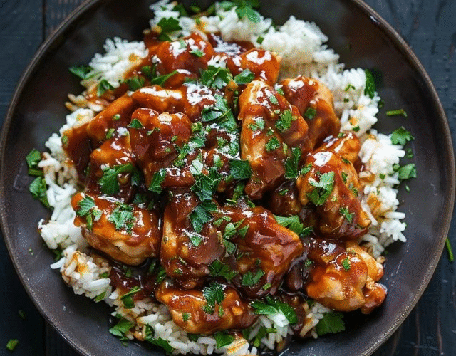 Honey garlic chicken rice bowl in a wooden bowl, sticky golden-brown glazed chicken cubes over fluffy white jasmine rice, sliced cucumber, avocado fans, shredded carrots, sesame seeds, sliced scallions
