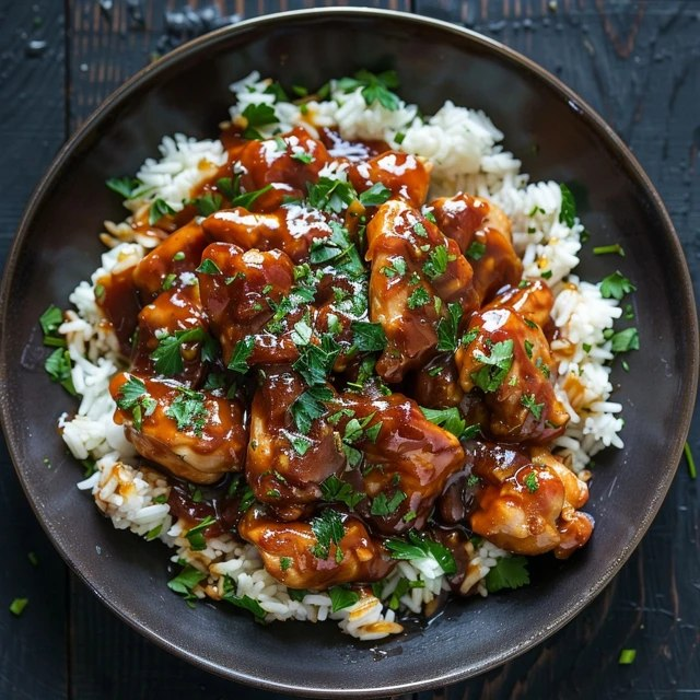 Honey garlic chicken rice bowl in a wooden bowl, sticky golden-brown glazed chicken cubes over fluffy white jasmine rice, sliced cucumber, avocado fans, shredded carrots, sesame seeds, sliced scallions