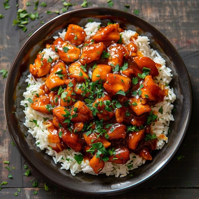 Close-up of honey garlic chicken showing glossy sticky sauce coating each piece, caramelized edges, fluffy white rice, bright green cucumber rounds, creamy avocado slices