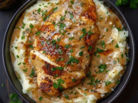 Chicken with gravy and mashed potatoes on a white plate, golden pan-seared chicken cutlets smothered in glossy brown gravy, creamy buttery mashed potatoes piled beside, fresh parsley garnish, gravy pooling around