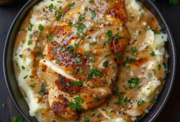 Chicken with gravy and mashed potatoes on a white plate, golden pan-seared chicken cutlets smothered in glossy brown gravy, creamy buttery mashed potatoes piled beside, fresh parsley garnish, gravy pooling around