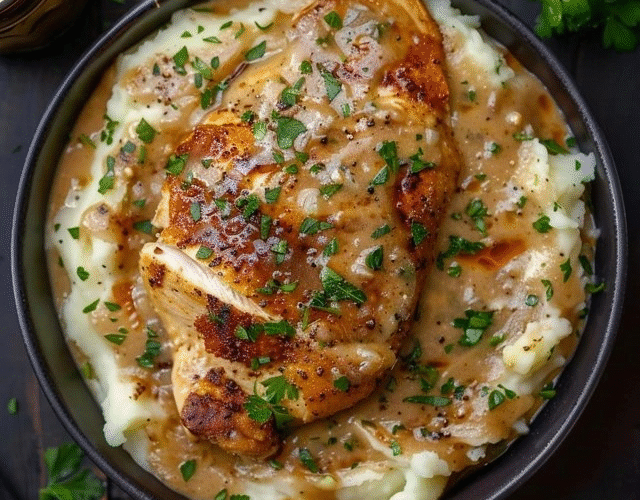 Chicken with gravy and mashed potatoes on a white plate, golden pan-seared chicken cutlets smothered in glossy brown gravy, creamy buttery mashed potatoes piled beside, fresh parsley garnish, gravy pooling around