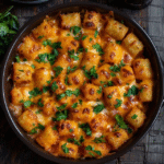 Cheesy tater tot casserole in a glass baking dish, golden-crispy tater tots arranged over melted bubbly cheddar cheese top, layers of seasoned ground beef and cream sauce visible at the edges, fresh chopped parsley