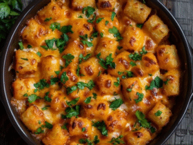 Cheesy tater tot casserole in a glass baking dish, golden-crispy tater tots arranged over melted bubbly cheddar cheese top, layers of seasoned ground beef and cream sauce visible at the edges, fresh chopped parsley