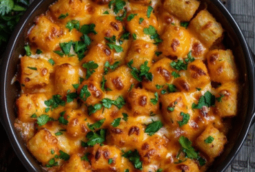 Cheesy tater tot casserole in a glass baking dish, golden-crispy tater tots arranged over melted bubbly cheddar cheese top, layers of seasoned ground beef and cream sauce visible at the edges, fresh chopped parsley