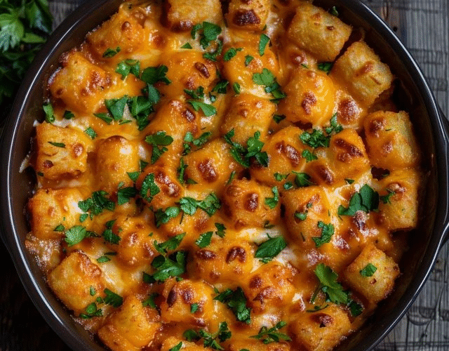 Cheesy tater tot casserole in a glass baking dish, golden-crispy tater tots arranged over melted bubbly cheddar cheese top, layers of seasoned ground beef and cream sauce visible at the edges, fresh chopped parsley