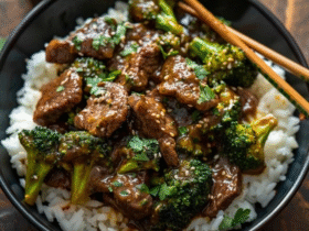 Beef and broccoli stir fry in a black wok, glossy mahogany sauce coating thinly sliced tender beef strips and bright green broccoli florets, sesame seeds scattered, sliced scallions, steamed white rice in background