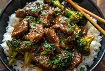 Beef and broccoli stir fry in a black wok, glossy mahogany sauce coating thinly sliced tender beef strips and bright green broccoli florets, sesame seeds scattered, sliced scallions, steamed white rice in background