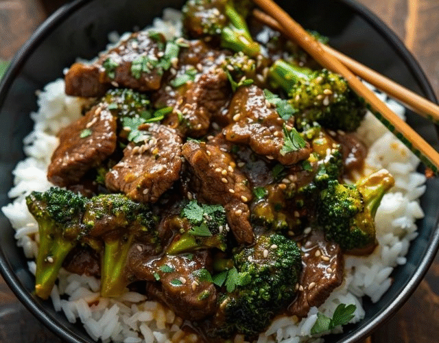 Beef and broccoli stir fry in a black wok, glossy mahogany sauce coating thinly sliced tender beef strips and bright green broccoli florets, sesame seeds scattered, sliced scallions, steamed white rice in background