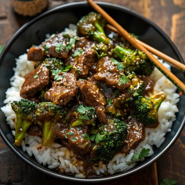 Beef and broccoli stir fry in a black wok, glossy mahogany sauce coating thinly sliced tender beef strips and bright green broccoli florets, sesame seeds scattered, sliced scallions, steamed white rice in background