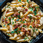 Chicken bacon pasta in a white serving bowl, penne tubes coated in creamy garlic-parmesan sauce, golden grilled chicken strips, crispy crumbled bacon scattered throughout, fresh parsley, parmesan flakes on top