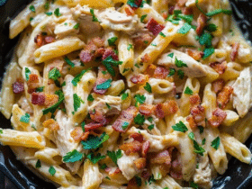 Chicken bacon pasta in a white serving bowl, penne tubes coated in creamy garlic-parmesan sauce, golden grilled chicken strips, crispy crumbled bacon scattered throughout, fresh parsley, parmesan flakes on top