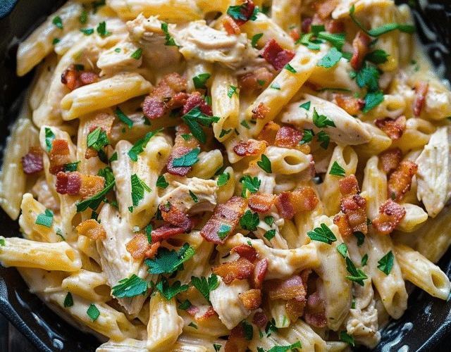 Chicken bacon pasta in a white serving bowl, penne tubes coated in creamy garlic-parmesan sauce, golden grilled chicken strips, crispy crumbled bacon scattered throughout, fresh parsley, parmesan flakes on top