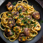 Beef stroganoff pasta in a white bowl, wide egg noodles coated in pale brown sour cream gravy, tender beef strips, sliced sautéed mushrooms throughout, fresh parsley garnish, dollop of sour cream on top