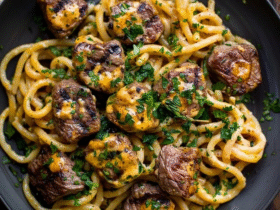 Beef stroganoff pasta in a white bowl, wide egg noodles coated in pale brown sour cream gravy, tender beef strips, sliced sautéed mushrooms throughout, fresh parsley garnish, dollop of sour cream on top