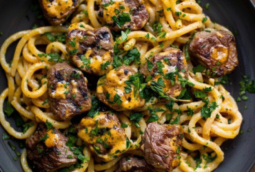 Beef stroganoff pasta in a white bowl, wide egg noodles coated in pale brown sour cream gravy, tender beef strips, sliced sautéed mushrooms throughout, fresh parsley garnish, dollop of sour cream on top