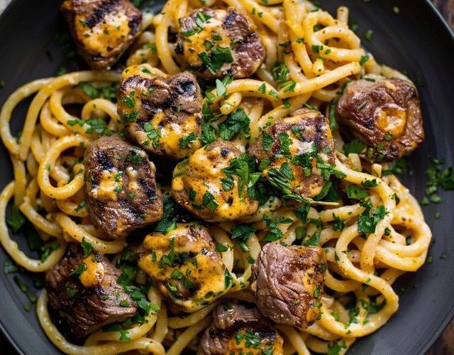 Beef stroganoff pasta in a white bowl, wide egg noodles coated in pale brown sour cream gravy, tender beef strips, sliced sautéed mushrooms throughout, fresh parsley garnish, dollop of sour cream on top