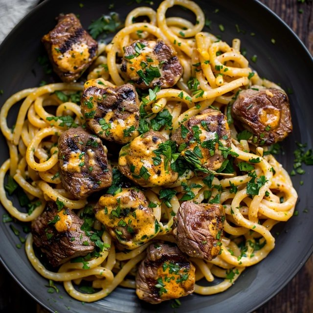 Beef stroganoff pasta in a white bowl, wide egg noodles coated in pale brown sour cream gravy, tender beef strips, sliced sautéed mushrooms throughout, fresh parsley garnish, dollop of sour cream on top