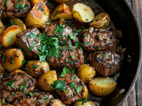 Beef tenderloin with roasted potatoes on a wooden carving board, sliced pink medium-rare tenderloin showing rosy interior with seared crust, golden crispy quartered potatoes around, fresh rosemary sprigs, garlic cloves, herb compound butter pat melting