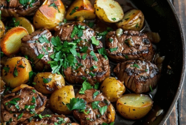 Beef tenderloin with roasted potatoes on a wooden carving board, sliced pink medium-rare tenderloin showing rosy interior with seared crust, golden crispy quartered potatoes around, fresh rosemary sprigs, garlic cloves, herb compound butter pat melting
