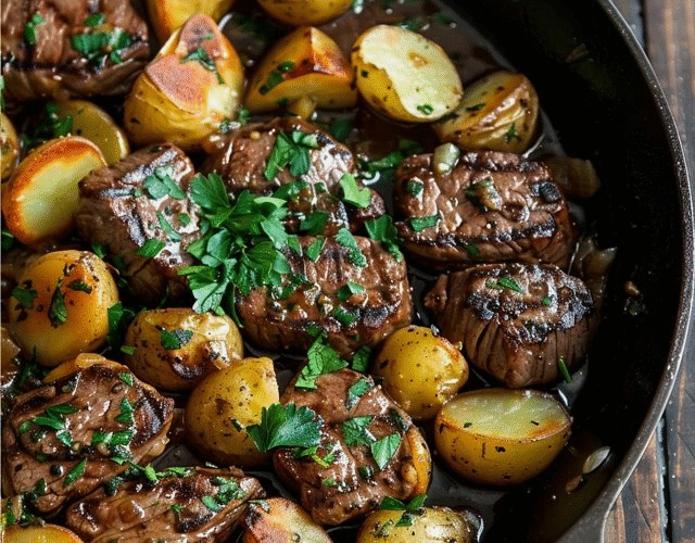 Beef tenderloin with roasted potatoes on a wooden carving board, sliced pink medium-rare tenderloin showing rosy interior with seared crust, golden crispy quartered potatoes around, fresh rosemary sprigs, garlic cloves, herb compound butter pat melting