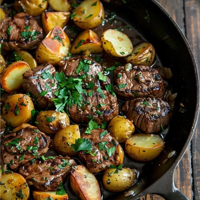 Beef tenderloin with roasted potatoes on a wooden carving board, sliced pink medium-rare tenderloin showing rosy interior with seared crust, golden crispy quartered potatoes around, fresh rosemary sprigs, garlic cloves, herb compound butter pat melting