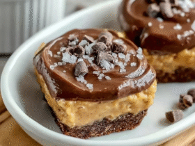 Chocolate peanut butter bars cut into squares on parchment paper, smooth dark chocolate glaze top showing glossy shine, peanut butter filling layer visible at edges, graham cracker crumb base, salt flakes on top