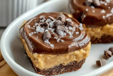 Chocolate peanut butter bars cut into squares on parchment paper, smooth dark chocolate glaze top showing glossy shine, peanut butter filling layer visible at edges, graham cracker crumb base, salt flakes on top