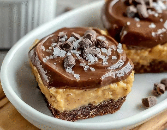 Chocolate peanut butter bars cut into squares on parchment paper, smooth dark chocolate glaze top showing glossy shine, peanut butter filling layer visible at edges, graham cracker crumb base, salt flakes on top