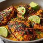 Spicy cilantro lime chicken in a cast iron skillet, juicy seared chicken thighs with golden crispy skin and dark grill marks, bright green cilantro chimichurri sauce on top, fresh lime wedges, sliced jalapeños scattered, fresh herbs garnish