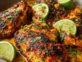 Spicy cilantro lime chicken in a cast iron skillet, juicy seared chicken thighs with golden crispy skin and dark grill marks, bright green cilantro chimichurri sauce on top, fresh lime wedges, sliced jalapeños scattered, fresh herbs garnish