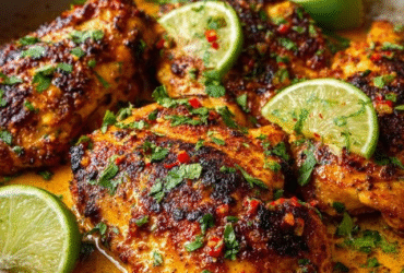 Spicy cilantro lime chicken in a cast iron skillet, juicy seared chicken thighs with golden crispy skin and dark grill marks, bright green cilantro chimichurri sauce on top, fresh lime wedges, sliced jalapeños scattered, fresh herbs garnish