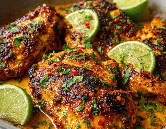 Spicy cilantro lime chicken in a cast iron skillet, juicy seared chicken thighs with golden crispy skin and dark grill marks, bright green cilantro chimichurri sauce on top, fresh lime wedges, sliced jalapeños scattered, fresh herbs garnish