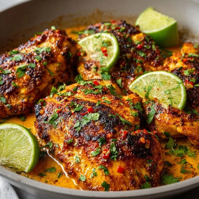 Spicy cilantro lime chicken in a cast iron skillet, juicy seared chicken thighs with golden crispy skin and dark grill marks, bright green cilantro chimichurri sauce on top, fresh lime wedges, sliced jalapeños scattered, fresh herbs garnish