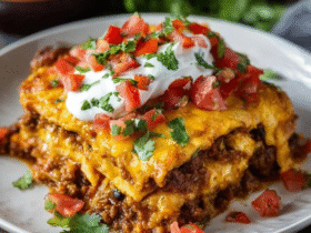 Beef enchilada casserole in a glass baking dish, layers of tortillas with seasoned ground beef and melted cheddar cheese visible at edges, golden bubbly cheese top with red enchilada sauce showing through, fresh cilantro garnish, sour cream dollop