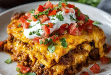 Beef enchilada casserole in a glass baking dish, layers of tortillas with seasoned ground beef and melted cheddar cheese visible at edges, golden bubbly cheese top with red enchilada sauce showing through, fresh cilantro garnish, sour cream dollop