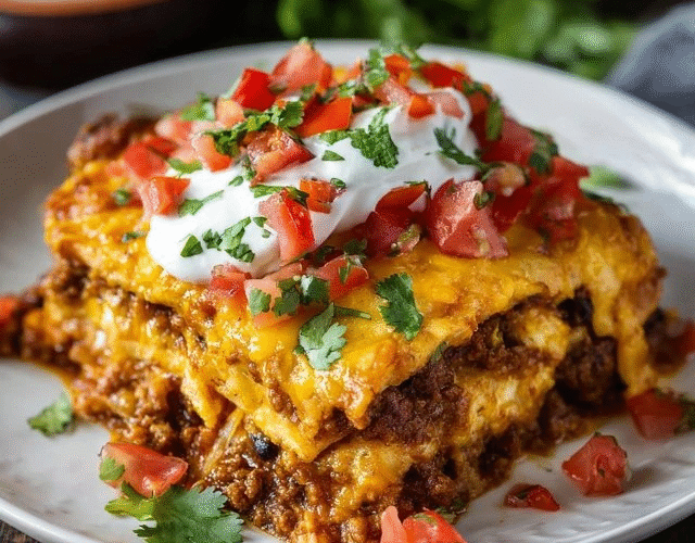 Beef enchilada casserole in a glass baking dish, layers of tortillas with seasoned ground beef and melted cheddar cheese visible at edges, golden bubbly cheese top with red enchilada sauce showing through, fresh cilantro garnish, sour cream dollop