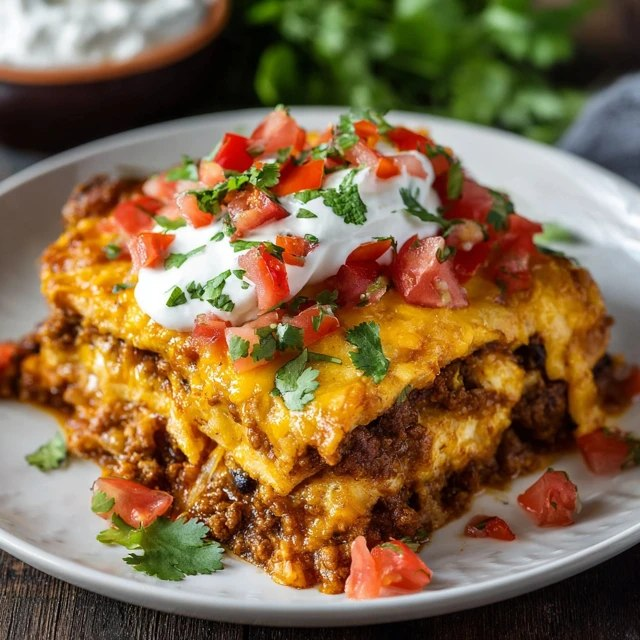 Beef enchilada casserole in a glass baking dish, layers of tortillas with seasoned ground beef and melted cheddar cheese visible at edges, golden bubbly cheese top with red enchilada sauce showing through, fresh cilantro garnish, sour cream dollop