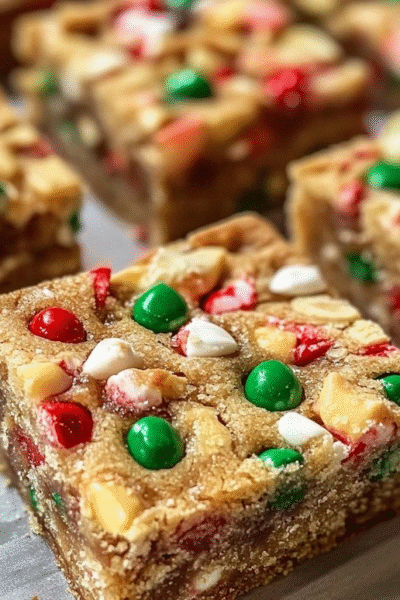Holiday cookie bars cut into squares on parchment paper, soft buttery sugar cookie base with thick swirly cream cheese frosting layer on top, colorful red green and white festive sprinkles covering everything, cookie tin with more bars beside