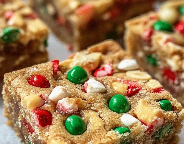 Holiday cookie bars cut into squares on parchment paper, soft buttery sugar cookie base with thick swirly cream cheese frosting layer on top, colorful red green and white festive sprinkles covering everything, cookie tin with more bars beside